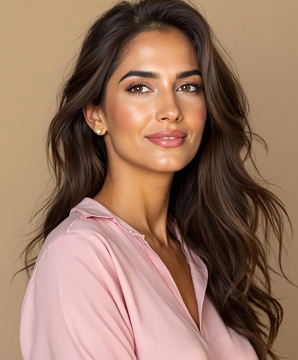 Smiling woman with long, wavy hair.