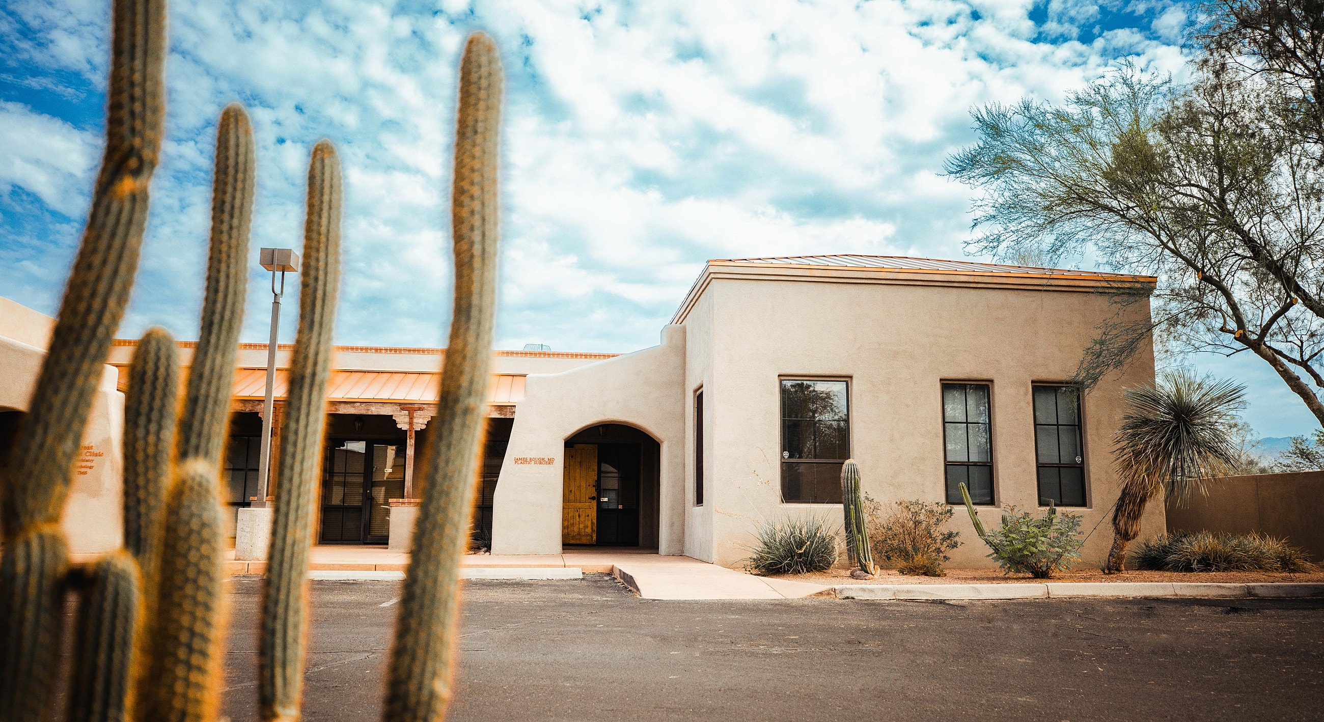 Desert adobe building with cacti in foreground