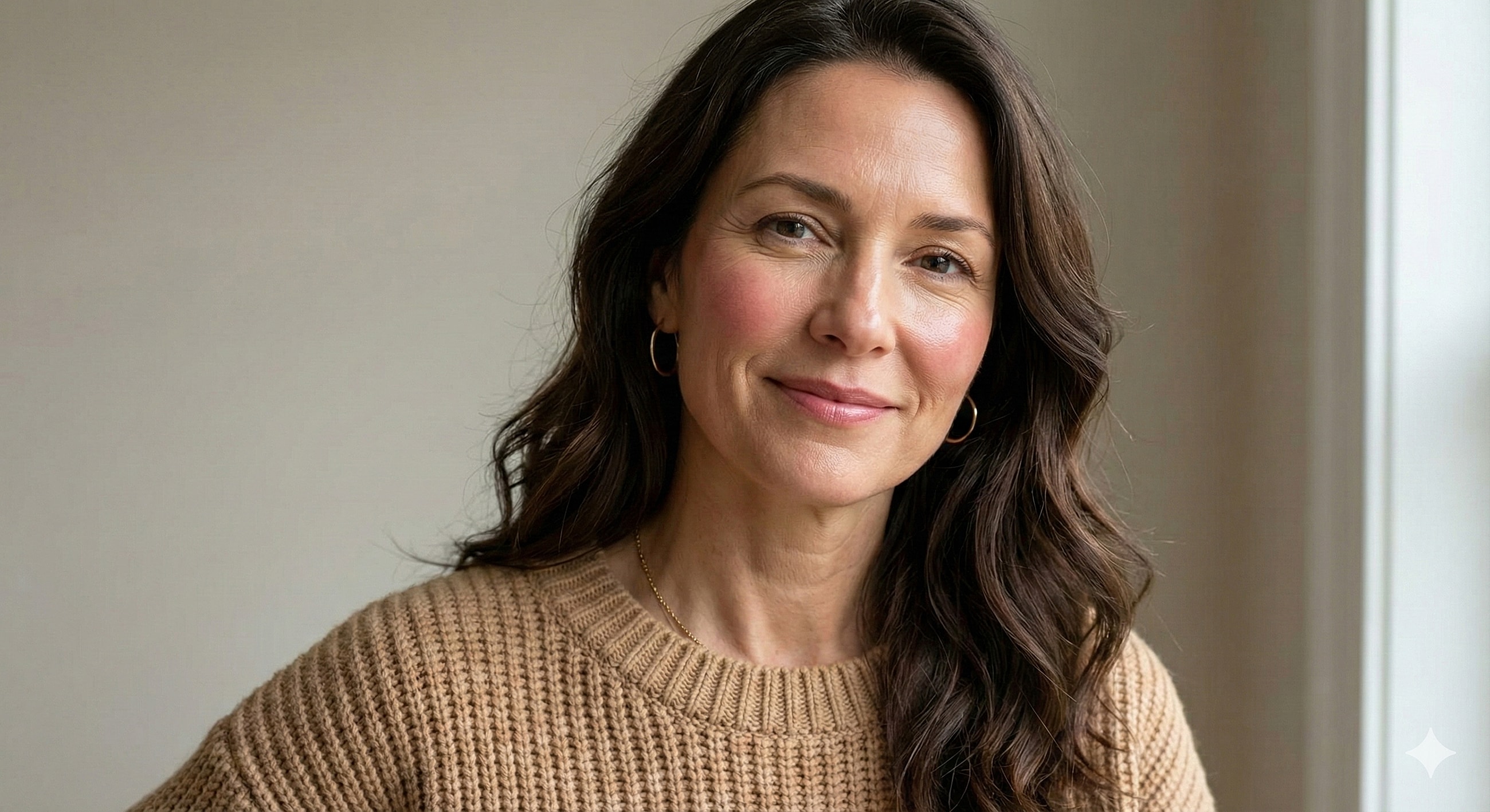 Woman smiling in cozy sweater, indoors setting.