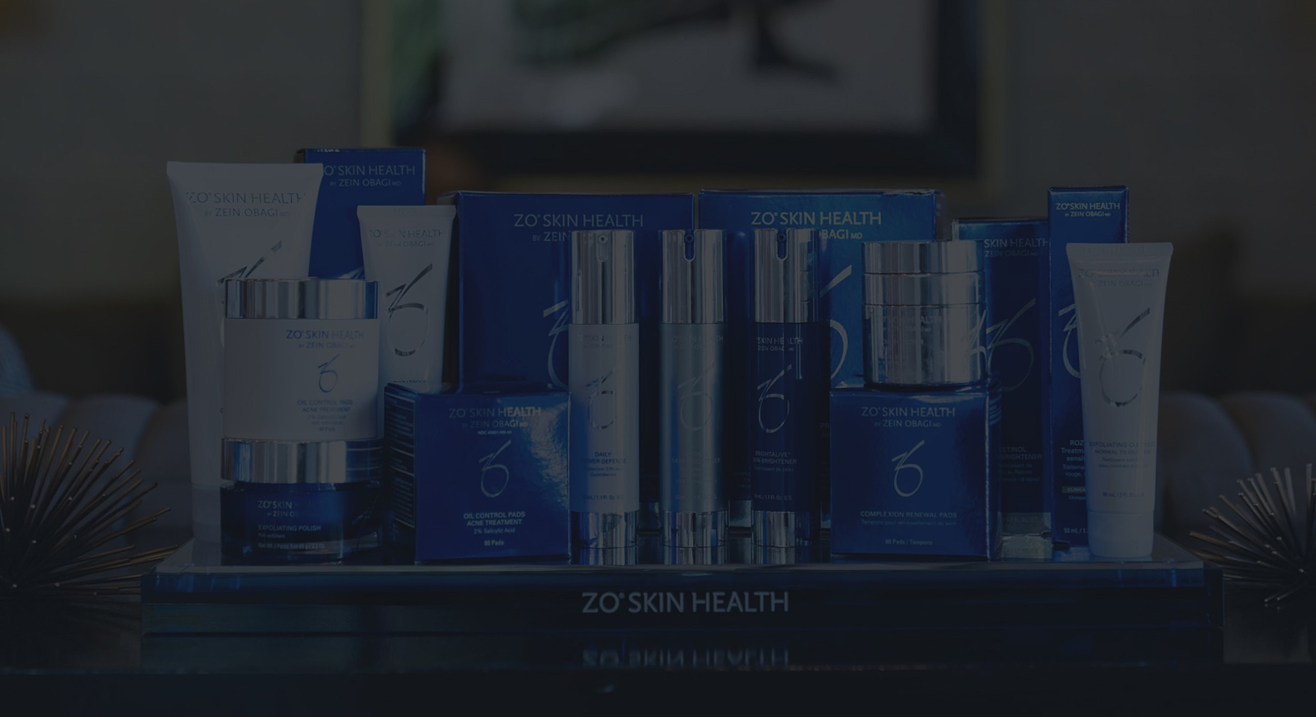 ZO Skin Health skincare products displayed on shelf.